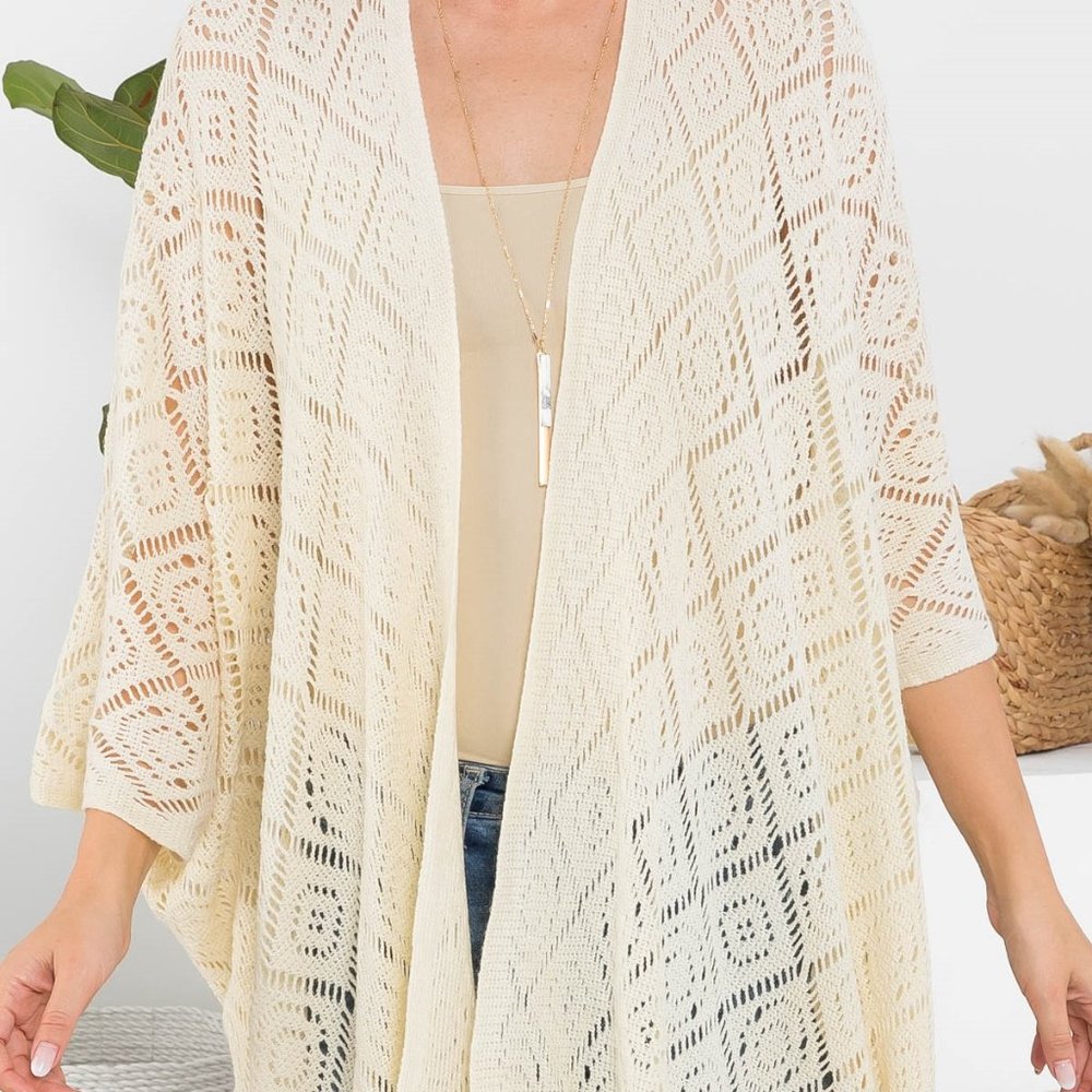 Bohemian Chic Crochet Fringe Swim Coverup Kimono Wrap Robe Sweater Sleeves OSFM - Picture 2 of 7